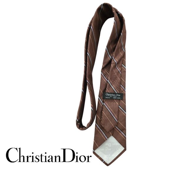 CHRISTIAN DIOR Vintage Brown Diagonal Stripe Print Silk Tie - Picture 3 of 3